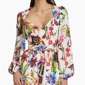 LDT Valentina Romper Size 4 Floral Butterfly Print Balloon Sleeve Front Cutout
